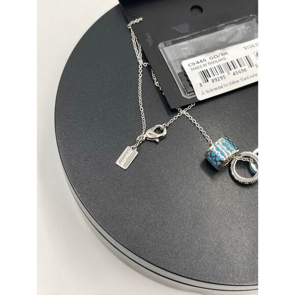 Coach Signature Black Enamel Crystal Rondell Charm Silver Tone Necklace C1905‎ - Picture 4 of 6